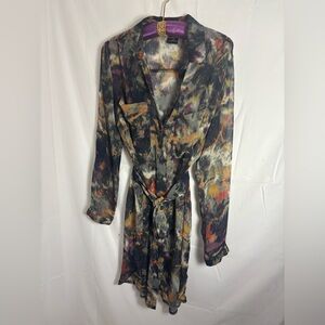 MM Couture Semi Sheer Long Sleeve Button Up Boho Shirt Dress with Tie Size M